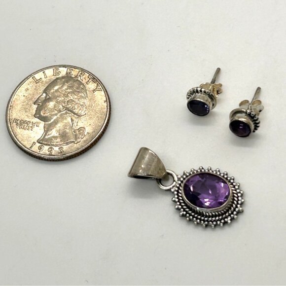 Sterling Silver Amethyst Pendant Earrings Set February Birthstone Minimalist - Picture 8 of 9